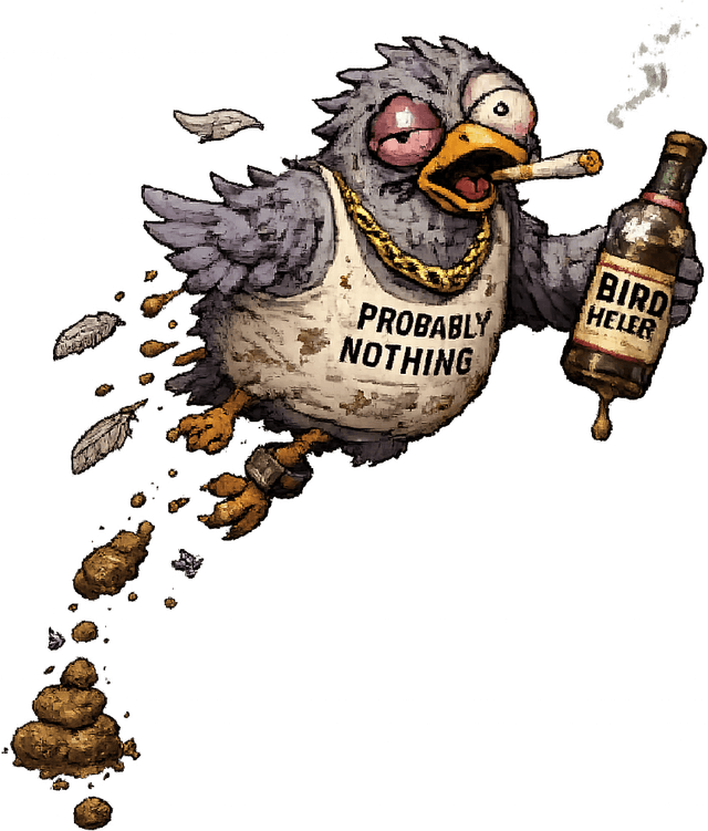 CrappyBird, a drunk filthy pigeon with a bottle of Bird Helper