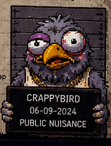 CrappyBird mugshot holding a booking board